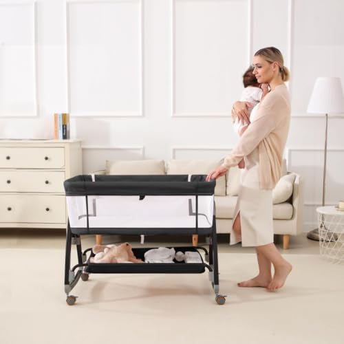 Black 3-in-1 Baby Bassinet Bedside Sleeper with Mesh Mosquito Net & Wheels