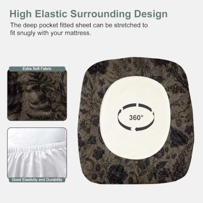 Dark Floral Fitted Sheet Set King Size - Ancient Paper Poison Flower Variation