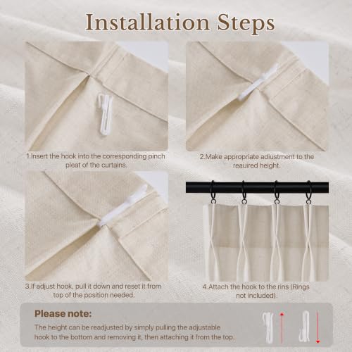 Natural Linen Curtains 24 Inch Length, Pinch Pleat, Light Filtering, 2 Panels