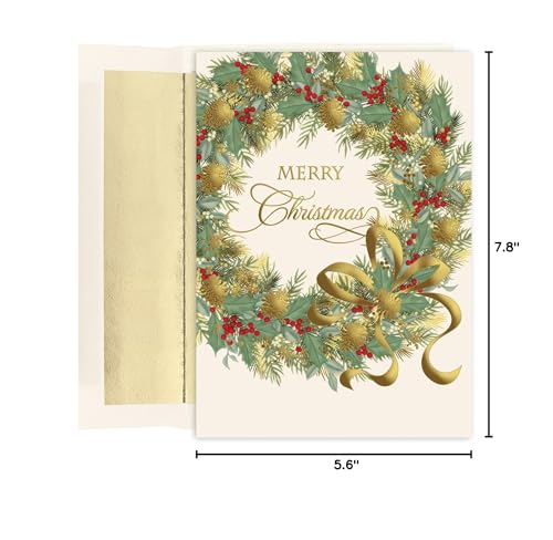Christmas Card Set - Traditional Wreath Foil-Lined Envelopes, 15 Count