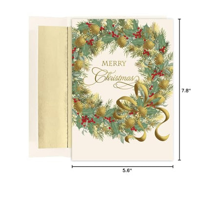 Christmas Card Set - Traditional Wreath Foil-Lined Envelopes, 15 Count