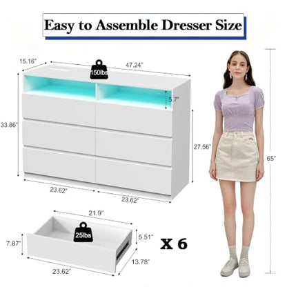Premium 47" White Dresser with 6 Drawers, 2 Shelves & RGB Lights – Variation: White