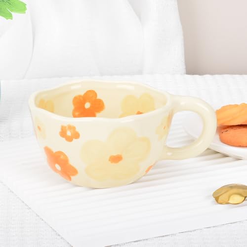 Orange Ceramic Coffee Mug with Flower Spoon, 8oz Handmade Kawaii Teacup