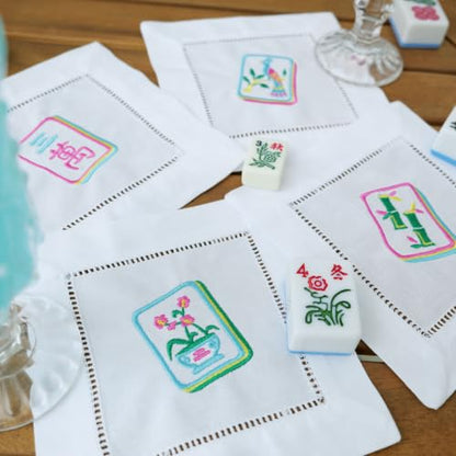Set of 4 Mahjong Embroidered Cotton Cocktail Napkins - 6x6 Inches, Reusable & Eco-Friendly Table Decor