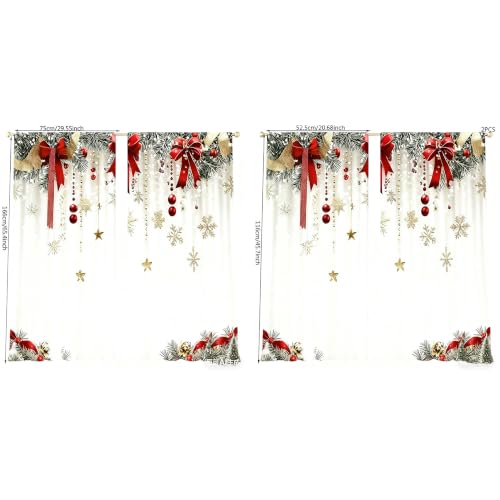 Christmas Window Curtains Set - Red Bows Snowflakes Pine Branches 75x166cm Variation of THIS listing