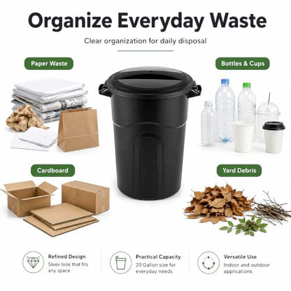 Round 20 Gallon Heavy Duty Plastic Trash Can with Locking Lid - Black