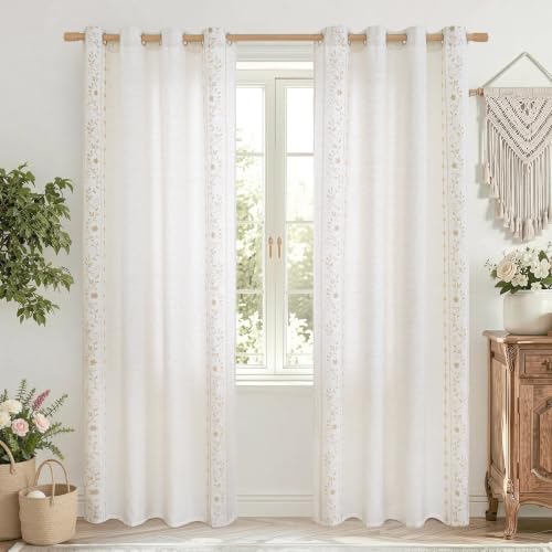 BGment Boho Floral Border Linen Curtains for Living Room, 2 Panels, Beige, 52"W x 84"L