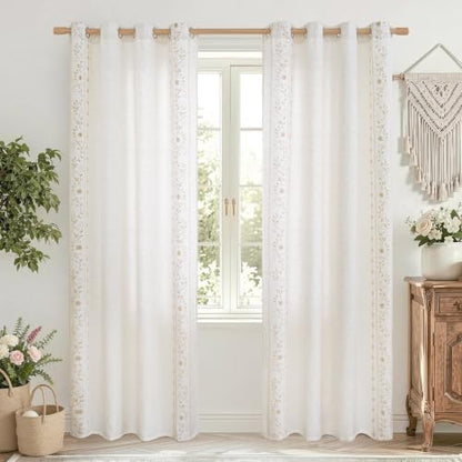 BGment Boho Floral Border Linen Curtains for Living Room, 2 Panels, Beige, 52"W x 84"L