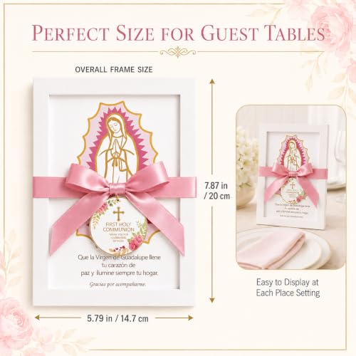 6-Piece Pink Virgen de Guadalupe First Communion Photo Frame Set with Satin Bows - Religious Favor for Guests
