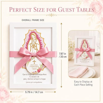 6-Piece Pink Virgen de Guadalupe First Communion Photo Frame Set with Satin Bows - Religious Favor for Guests