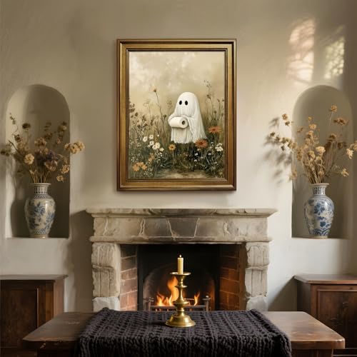 Halloween Ghost Bathroom Wall Art with Vintage Gold Frame - 8x10 Inch