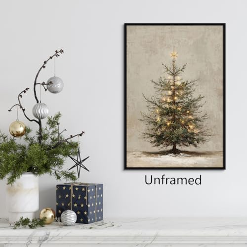 Christmas Pine Tree Canvas Wall Art - Rustic Snowy Fir Tree Print 12x16 Unframed
