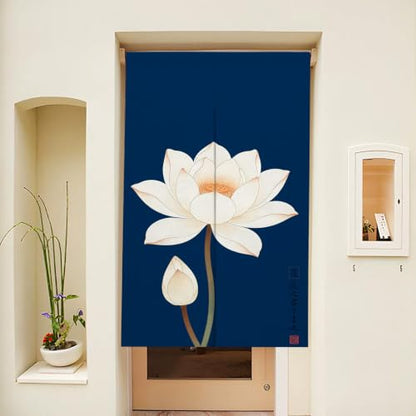 Japanese Noren Doorway Curtain - Lotus Print, Navy Blue/Blue White, 33.5x59 in - Variation: Blue White