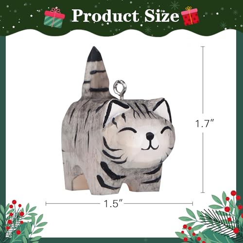 Grey Wooden Cat Christmas Ornament - Handmade Holiday Hanging Decor
