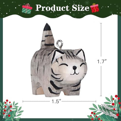 Grey Wooden Cat Christmas Ornament - Handmade Holiday Hanging Decor