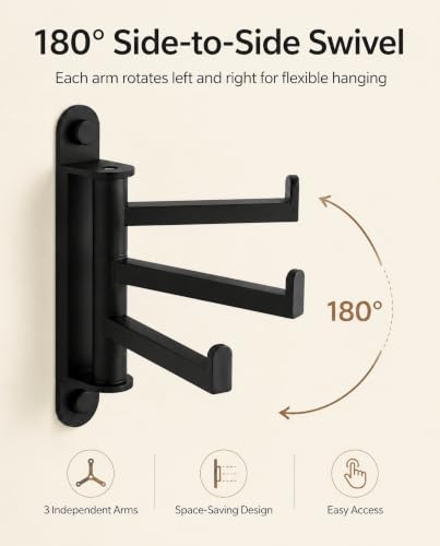 Wall Mount Swivel Hook with 3 Arms - Matte Black Stainless Steel, 25Lb Support