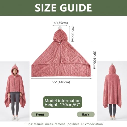 Watermelon Red Hooded Fleece Poncho Cape with Pom Pom for Women 55x39in - Divguf