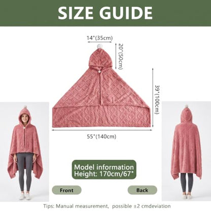 Watermelon Red Hooded Fleece Poncho Cape with Pom Pom for Women 55x39in - Divguf