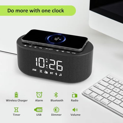 DreamSky Alarm Clock Radio with Wireless Charging and Bluetooth Speaker - Black