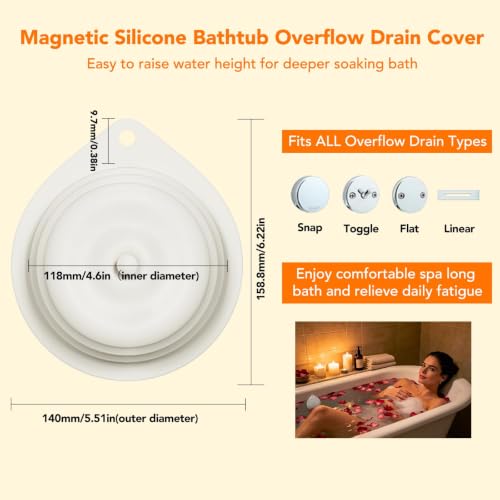 Magnetic Silicone Bathtub Overflow Drain Cover - Adjustable Water Level, 4.6 Inch Fit