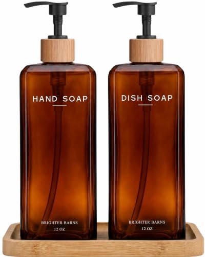 Amber Glass Hand and Dish Soap Dispenser Set - 12oz Kitchen Sink Decor - Modern Organic Home
