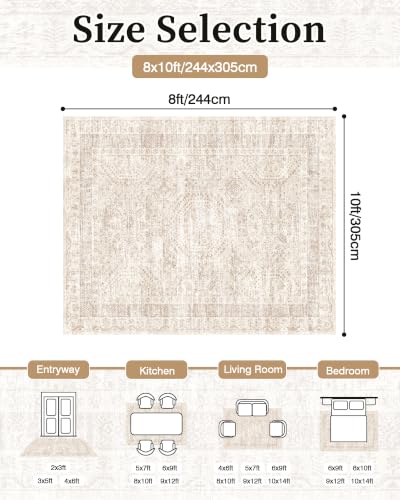 Vintage Beige 8x10 Washable Rug - Foldable, Soft, Stain-Resistant Area Rug