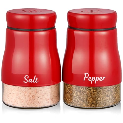 Red Salt and Pepper Shakers Set - 5oz Dispensers with Glass Bottom, Cute Kitchen Decor