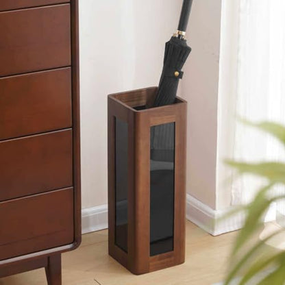 Walnut Wood Indoor Umbrella Stand with Acrylic Panel & Removable Drip Tray
