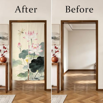 Japanese Noren Doorway Curtain Tapestry Lotus Design Green 33.5x59 Inches