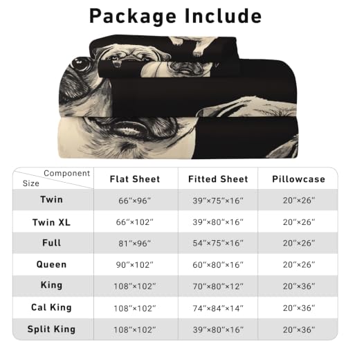Full Size Pug Dog Pet Bed Sheet Set - Cartoon Microfiber Bedding with Deep Pockets - Black & Beige - 4 Piece
