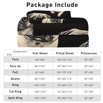 Full Size Pug Dog Pet Bed Sheet Set - Cartoon Microfiber Bedding with Deep Pockets - Black & Beige - 4 Piece