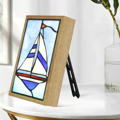 Tiffany Style Nautical Sailboat Photo Frame Lamp Night Light - Blue Sea Design, USB Powered, 3 Lighting Modes, Dimming