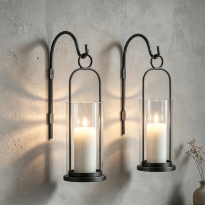 Black Wall Candle Sconce Set of 2 - Modern Hurricane Candle Holders