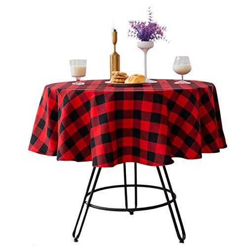 Red & Black Buffalo Check Christmas Round Tablecloth 60 Inch Cotton Linen