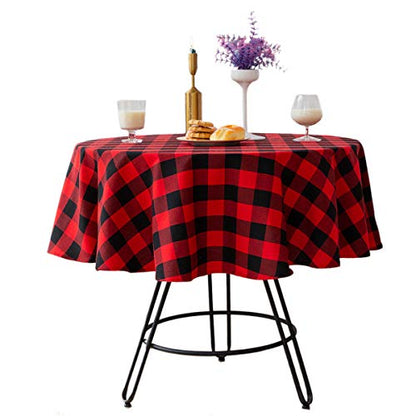 Red & Black Buffalo Check Christmas Round Tablecloth 60 Inch Cotton Linen