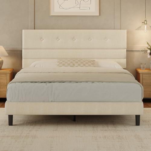 Queen Size Upholstered Bed Frame with Linen Fabric Headboard - Beige, Adjustable Height