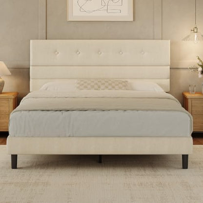 Queen Size Upholstered Bed Frame with Linen Fabric Headboard - Beige, Adjustable Height