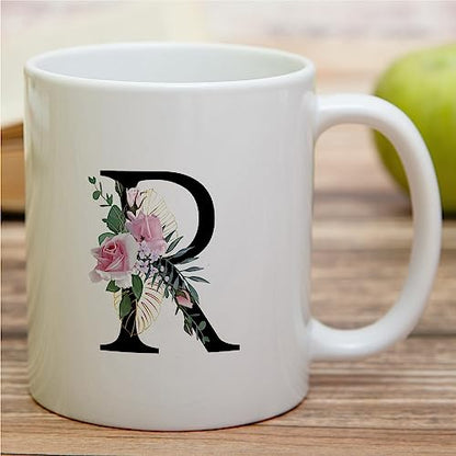 Initial R Floral Botanical Mug - White 11 Oz Ceramic Coffee Tea Cup with Variation