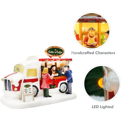 Christmas Village Lighted Food Truck Decor - Hand-Painted Holiday Tabletop Scene with LED Lights - MOMENTS IN TIME