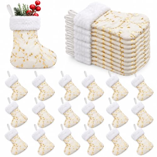 Mini Christmas Stockings Set – White and Gold Holiday Decor, 20 Pcs, 7.87 Inches