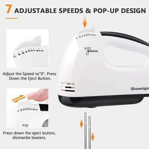 Electric Hand Mixer - 7 Speed 180W Handheld Whisk with 5 Stainless Steel Accessories | Turbo Boost & Eject Button