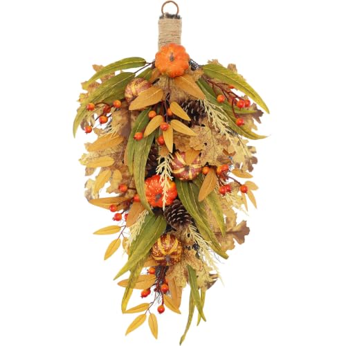 27.5-Inch Fall Harvest Teardrop Swag for Front Door - Autumn Thanksgiving Decor - Irregular Variation 1