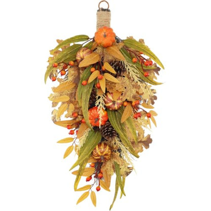 27.5-Inch Fall Harvest Teardrop Swag for Front Door - Autumn Thanksgiving Decor - Irregular Variation 1
