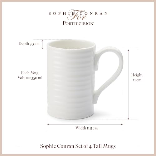 Portmeirion Sophie Conran Tall Mug Set of 4 - Solid White - 12 Oz Fine Porcelain Coffee & Tea Cups