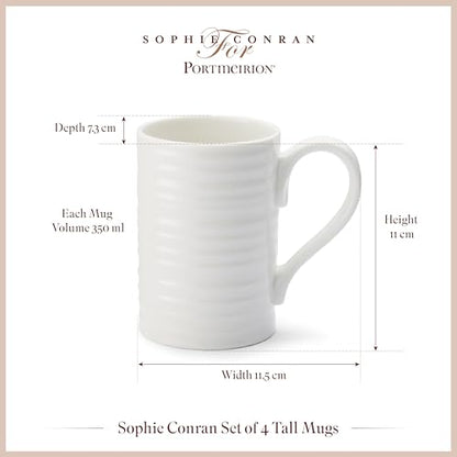 Portmeirion Sophie Conran Tall Mug Set of 4 - Solid White - 12 Oz Fine Porcelain Coffee & Tea Cups