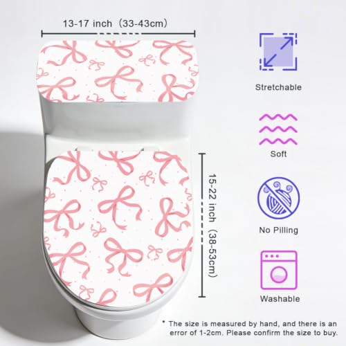 Pink Bow Toilet Lid Cover and Tank Cover Set - Stretch Fabric Bathroom Decor - Fits Round, Elongated & Oblong Toilets - 2 Pieces