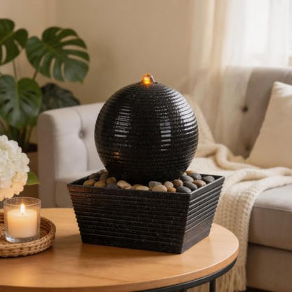 Indoor Water Fountain with Zen Sphere Design and LED Light - Tabletop Relaxation Decor