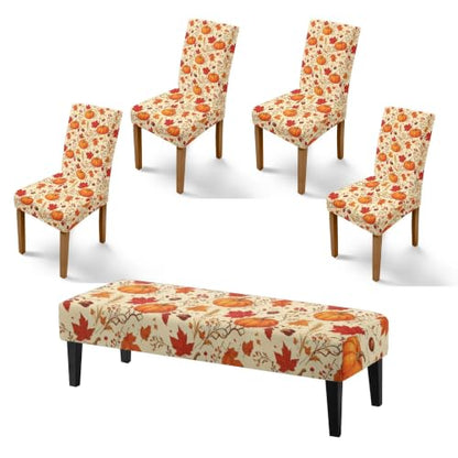 Thanksgiving Fall Maple Dining Chair Covers Set of 5 with Bench Cushion - Autumn Decor