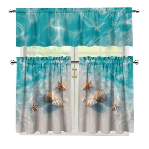 Beach Kitchen Curtains Tier and Valance Set 3 Pieces - 27.5W x 24L