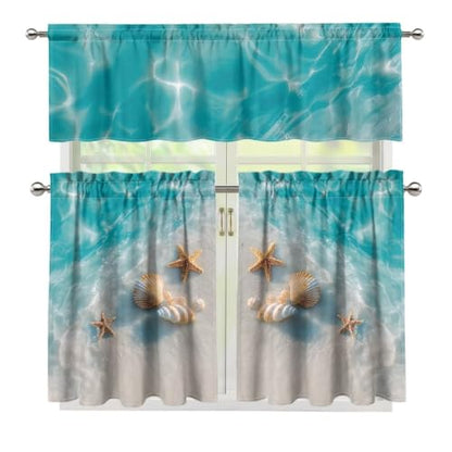 Beach Kitchen Curtains Tier and Valance Set 3 Pieces - 27.5W x 24L